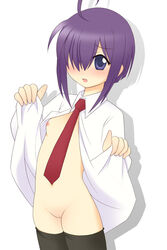 1girls ahoge arched_back blue_eyes blush bottomless clothing female flat_chest hair_over_eyes hair_over_one_eyes kurappii mahou_sensei_negima mahou_sensei_negima! miyazaki_nodoka necktie no_bra no_panties open_clothes open_mouth open_shirt purple_hair shadow shirt solo stockings thighhighs