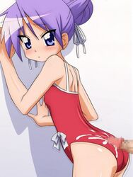 against_wall alternate_hairstyle ass back blush bow buttjob censored cum cum_on_ass cum_on_body cum_on_clothes cum_on_lower_body double_bun female flat_chest hair_ribbon human kagami_hiiragi looking_back lucky_star male one-piece one-piece_swimsuit penis purple_eyes purple_hair ribbon ribbons straight sugimura_tomokazu swimsuit