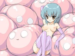 blue_hair breasts elbow_gloves fugetsu_taku gloves nipples orange_eyes thighhighs topless