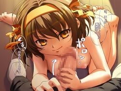 brown_hair censored feet female gipsy_underground handjob human male penis short_hair straight suzumiya_haruhi suzumiya_haruhi_no_yuuutsu translated