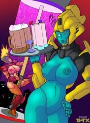 2girls alien alien_girl big_breasts blue_eyes boots breasts busty curvaceous curvy elita_1 elita_one firestar machine multiple_girls nipples nobleseven20 orange_body orange_nipples pole_dancing robot robot_girl thick_thighs transformers wink winking winking_at_viewer