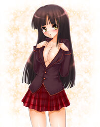 black_hair blush breasts cleavage cum large_breasts long_hair open_mouth skirt tetora unbuttoned yellow_eyes