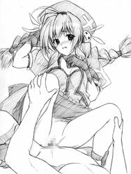 braid censored clenched_teeth female gloves grafite_(medium) hat highres human long_hair lyrical_nanoha mahou_shoujo_lyrical_nanoha mahou_shoujo_lyrical_nanoha_strikers male monochrome oppai_kenmin sex straight tied_hair traditional_media twin_braids twintails vita