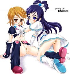 bandaid bandaid_on_pussy blush bow clothing cure_black cure_white dress futari_wa_precure futari_wa_pretty_cure katsuragi_niya maebari magical_girl misumi_nagisa no_panties partially_visible_vulva precure pretty_cure skirt yukishiro_honoka yuri