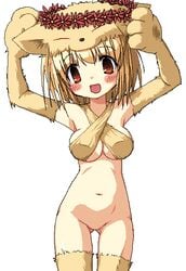 animal_ears artist_request ass_visible_through_thighs blonde_hair blush blush_lines bottomless brown_eyes color cute_expression featureless_crotch female female_only flower_crown happy moonlight_flower no_panties no_pussy paws pixel pointy_chin ragnarok_online short_hair simple_background thigh_gap white_background