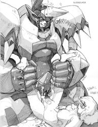 blush female human_penetrated male mecha mecha_on_girl monochrome nude ratbat robot robot_on_human robot_penis sex sex_machine straight super_robot_wars sweat thrudgelmir uncensored