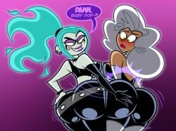 2girls ass_focus ass_grab ass_slap big_ass big_butt blue_hair blush bubble_butt danny_phantom dawna_fenton dawna_phantom ember_mclain female female_only huge_ass huge_butt nickelodeon nicktoons original_character samperez smacking_ass thick_ass thick_thighs thighhighs tight_clothing white_hair wide_hips