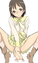 blush boots dennou_coil glasses masturbation no_panties okonogi_yuuko oyaji school_uniform serafuku short_hair skirt skirt_pull vaginal_penetration