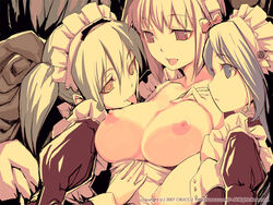 3girls apron areolae blue_eyes blue_hair bow breasts clothing cruccu female large_breasts licking maid maid_headdress multiple_girls nipples open_mouth pink_eyes pink_hair short_hair short_twintails tied_hair tongue twintails white_hair yellow_eyes yuri