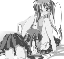 2girls cunnilingus female human kagami_hiiragi konata_izumi lowres lucky_star monochrome multiple_girls oral s_e_n sen_(astronomy) yuri