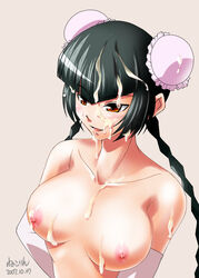 1girls braid breasts brown_eyes bun_cover bust cum cum_on_body cum_on_breasts cum_on_hair cum_on_upper_body elbow_gloves facial female gloves green_hair gundam gundam_00 large_breasts nekorin solo topless twin_braids wang_liu_mei