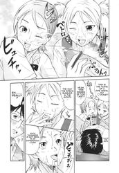 cock_worship cum ejaculation facial fellatio female hanamaki_kaeru happy_facial hard_translated licking male manga monochrome multiple_females oral penis school_uniform translated wink