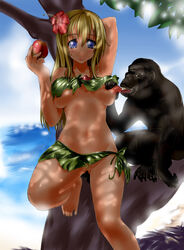 abubu ape apple barefoot blonde_hair blue_eyes blush bra bra_lift breast_grab breast_lick breast_licking breast_slip breastfeeding breasts eating feet female food fruit haplorhine holding holding_apple holding_fruit leaf_bikini licking lingerie long_hair midriff monkey monkey_feet nipple_lick nipple_licking no_panties one_breast_out prehensile_feet primate pubic_hair pussy toes underwear zoophilia