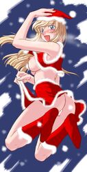 1girls areolae arm_up armpits ass back blonde_hair blue_eyes blush boots bottomless_skirt breasts censored christmas crop_top cute_fang erect_nipples female female_only from_behind fur_trim hand_on_head hat jumping knee_boots large_ass large_breasts legs_up long_hair looking_back miniskirt mita_kurumi naughty_face nipple_slip nipples open_clothes open_mouth open_shirt original outdoors pussy santa santa_costume santa_hat shirt sideboob skirt skirt_lift sky smile snowing soles solo upskirt