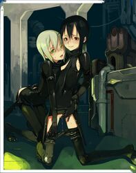 2girls blame! breast_zipper breasts_out cibo fakepucco female green_eyes multiple_girls nipples no_panties pants_pull red_eyes saliva sanakan short_hair tongue wet yuri