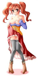 blush breasts censored clothing cum dragon_quest dragon_quest_viii dress dress_lift female female_only human jessica_albert large_breasts no_panties ookami_ryousuke red_hair solo stockings strapless_dress thighhighs tied_hair twintails