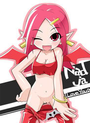 bat_wings cactuar cute_fang demon_girl earrings female female_only final_fantasy jewelry no_panties open_mouth pink_hair pointy_ears pussy red_eyes red_hair sabotender solo uncensored undressing wings wink youkan