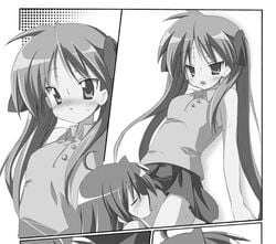 2girls cunnilingus female human kagami_hiiragi konata_izumi lowres lucky_star monochrome multiple_girls oral s_e_n sen_(astronomy) yuri