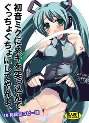 cover cover_page doujinshi hatsune_miku leek long_hair modaetei_anetarou panties panties_around_leg panty_pull pussy skirt skirt_lift solo spring_onion tied_hair twintails underwear very_long_hair vocaloid white_panties