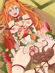 1girls arms_behind_back asuka_langley_sohryu bestiality blush bondage breasts censored female femsub food food_on_body large_breasts neon_genesis_evangelion nipple_tweak nyotaimori octopus pink_doragon rope vagina