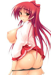 1girls :3 :d arched_back areolae ass black_panties blush breasts breasts_out brown_eyes clothing curvy female from_behind highres kousaka_tamaki large_breasts long_hair looking_at_viewer looking_back lowres miniskirt nipples no_bra nose_blush open_clothes open_mouth open_shirt panties panty_pull pleated_skirt red_hair school_uniform seductive_smile serafuku shiny_skin shirt skirt skirt_lift smile solo standing straight_hair sweat tied_hair to_heart_(series) to_heart_2 twintails underwear undressing white_background zekkyon