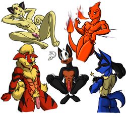 5boys anthro arcanine ass black_fur blue_fur breathing_fire charmeleon color fire fur furry furry_ass furry_ears furry_tail houndour interspecies leaning lucario male male_only nintendo nude orange_skin penis persian pointy_ears pokemon pokemon_(species) red_fur sitting standing tail tail_fire white_background