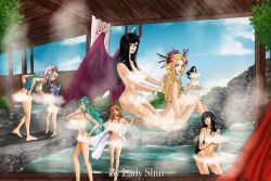 6+girls black_maria blonde_hair blue_hair brown_hair censored devil_robin dual_persona female female_only gender_bender genderswap giantess horns kikunojo kozuki_hiyori nami nami_(one_piece) nico_robin oiran one_piece post-timeskip pre-timeskip public_bath shinjinou time_paradox ulti_(one_piece) watermark white_hair wings yamato_(one_piece)