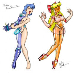 2girls ami_mizuno bishoujo_senshi_sailor_moon blackcat bow breasts clothing dollification female female_only latex minako_aino multiple_girls nipples sailor_mercury sailor_venus sebastian_(artist) sex_doll sex_doll_transformation skirt small_breasts suit_transformation tagme transformation