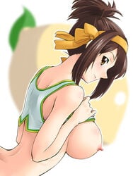 breasts brown_eyes brown_hair crop_top curvy erect_nipples hair hair_ribbon hair_up hairband human human_only large_breasts looking_back nipples ponytail ribbon shirt_lift short_hair suzumiya_haruhi suzumiya_haruhi_no_yuuutsu tied_hair yaso_shigeru