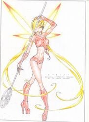 1girls amaurymangaka amber_eyes blonde_hair breasts charmix colored_pencil_(artwork) erect_nipples eyeshadow fairy fairy_wings gauntlets high_heel_boots high_heels jpg lipstick looking_at_viewer makeup nipples_visible_through_clothing pose posing rainbow_(animation_studio) simple_background solo staff standing stella_(winx_club) thin_waist tight_clothing traditional_media_(artwork) very_long_hair wings winx_club