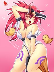 arm_garter arm_up bare_shoulders between_thighs blush breasts cleavage closed_eyes dual_wielding female fingerless_gloves gloves gun himeki_luna luna_himeki navel open_mouth red_hair solo tattoo thighs vanguard_princess weapon