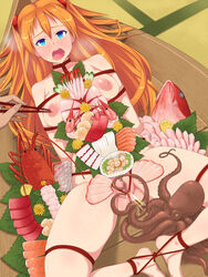 1girls arms_behind_back asuka_langley_sohryu bestiality blush bondage breasts censored female femsub food food_on_body large_breasts neon_genesis_evangelion nipple_tweak nyotaimori octopus peeing pink_doragon rope vagina
