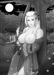 bride clothed_female exposed_breasts female_only hair_ornament kimono monochrome moon night_sky outdoor parasol rplatt setsuka soul_calibur