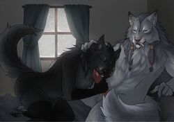 anthro bed black_fur black_hair black_nose blue_eyes braids claws fangs fellatio furry furry_only grey_fur grey_hair hair handjob male multiple_males nude open_mouth oral oral_sex piercing sex smile snow thejinxess tongue underwear video_games warcraft werewolf winter worgen yaoi