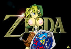 beige_skin blonde_hair blue_eyes breasts color crossed_arms ear_piercing female female_only front_view gauntlets hair hat holding holding_sword hylian hylian_shield link link_(ocarina_of_time) looking_at_viewer nipples ocarina_of_time open_eyes piercing pointy_ears rule_63 shield solo standing straight_hair sword tattoo the_legend_of_zelda triforce underhand_grip vpire weapon