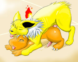 buggery charmander color eeveelution furry interspecies jolteon male male_only mewwie multiple_males nintendo no_humans penis pokémon_(species) pokemon pokemon_(species) pokemon_rgby tongue yaoi