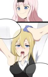 2girls blonde_hair blue_eyes blush blushing bondage bow brainwashing breasts comic crying crying_with_eyes_open drool drool_string drooling feet feet_in_mouth foot_fetish foot_focus foot_worship footwear fujiwara_chika grin hayasaka_ai heart-shaped_pupils helpless hypnosis kaguya-sama_wa_kokurasetai_~tensai-tachi_no_renai_zunousen~ licking_feet looking_down messy_hair mind_control multiple_girls no_text pink_hair playing_with_hair scrunchie smile smiling smirk smug speech_bubble stepped_on stepping_on_face stepping_on_head submission sweat tears tied_up tongue tongue_out white_background white_shirt yuri ze_r0_ze_r0