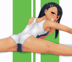 1girls art_conscript ass black_hair blush breasts brown_eyes clothed clothing female_focus female_only hayase_nagatoro long_hair looking_at_viewer looking_back please_don't_bully_me,_nagatoro pose revealing_clothes sideboob simple_background small_ass small_breasts smile solo spread_legs swimsuit