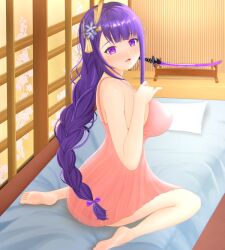 1girls ass bed bedroom bow braid braided_hair breasts dress feet female femzzu93 flower_in_hair genshin_impact japanese_room large_breasts pillow purple_eyes purple_hair raiden_shogun skirt sword