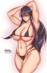 1girls abs big_breasts black_hair black_sclera blush erect_nipples erect_nipples_under_clothes female female_only kengan_(series) kengan_ashura kure_karla looking_at_viewer micro_bikini muscular_female simple_background smiling_samurai solo tagme thick_thighs wide_hips