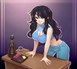 1girls 5_fingers aliessa_phaire bare_shoulders big_breasts black_hair blue_clothing boob_window breasts clothing commission commissioner_insert female female_only food hands_on_table heart-shaped_boob_window heart_boob_window human human_only humanoid jeans large_breasts looking_at_viewer nails satrathai seductive seductive_eyes seductive_look seductive_mouth seductive_smile smile smiling smiling_at_viewer solo solo_female standing voluptuous