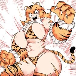 1girls bamman big_breasts breasts curvaceous curvy female female_focus hips large_breasts looking_at_viewer short_hair solo solo_female thick_thighs thighhighs thighs tiger_ears tiger_paws tiger_print tiger_print_bikini tiger_tail