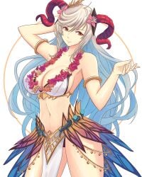 1girls absurdres alternate_costume arm_behind_head arm_up bangs bare_arms bare_midriff bare_shoulders bare_thighs beckoning belly bikini blue_hair breasts cleavage closed_mouth collarbone commentary confident eyebrows_visible_through_hair female female_only fire_emblem fire_emblem_heroes flower flower_necklace freyja_(fire_emblem) freyja_(summer)_(fire_emblem) gradient gradient_hair grey_hair hair_flower hair_ornament hand_up highres horns jewelry large_breasts lei long_hair looking_at_viewer midriff multicolored_hair navel necklace nintendo official_alternate_costume pelvic_curtain pose red_eyes see-through sideboob simple_background smile solo stomach swimsuit thighs truejekart white_bikini white_swimsuit