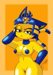 2021 animal_crossing ankha blue_eyes blue_nipples erect_nipples eyebrows_raised felid feline felis female frown fur furry furry_only large_breasts looking_at_viewer naked nintendo nude pablorising2002 pussy shiny_skin striped_tail tail thick_thighs wide_hips yellow_fur