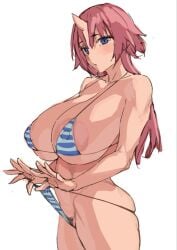 areola_slip areolae ass bikini bikini_pull blue_eyes breasts clothes_pull female horns huge_breasts large_areolae long_hair obmas_(pfeito) oni_horns original pink_hair pubic_hair sideboob single_horn sketch skindentation solo striped striped_bikini swimsuit