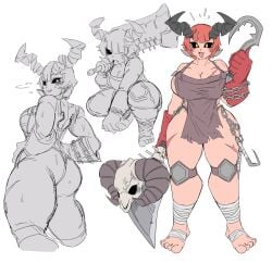 1girls 2019 apron ass bamman big_ass big_breasts breasts cleaver cleaver_(weapon) demon demon_girl demon_horns female female_focus hips horns large_ass large_breasts looking_at_viewer meat-chan_(bamman) oc short_hair simple_background solo solo_female thick_thighs thighs white_background