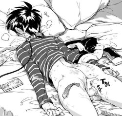 after_sex black_hair clothes_on_bed collar cum cum_in_ass cum_inside femboy leash male_only marutou money on_bed prostitution shirt_lift short_hair tobaku_haouden_zero twink unconscious used_condom