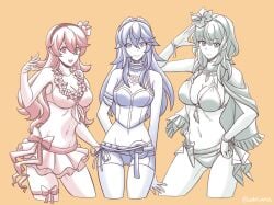 3girls alternate_costume bikini breasts byleth_(fire_emblem) byleth_(fire_emblem)_(female) byleth_(summer)_(fire_emblem)_(female) cleavage closed_mouth clothed clothing commentary corrin_(fire_emblem) corrin_(fire_emblem)_(female) corrin_(summer)_(fire_emblem)_(female) crossover dagger earthtojaymus english_commentary female female_only fire_emblem fire_emblem:_three_houses fire_emblem_awakening fire_emblem_cipher fire_emblem_fates fire_emblem_heroes flower flower_necklace hair_flower hair_ornament hairband hibiscus highres jewelry knife large_breasts long_hair lucina_(fire_emblem) lucina_(summer)_(fire_emblem) medium_breasts multiple_girls necklace nintendo official_alternate_costume open_mouth orange_background pointy_ears sheath sheathed simple_background smile swimsuit thigh_strap tiara twitter_username weapon wreath