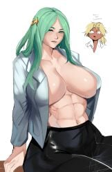 2girls abs catherine_(fire_emblem) english_text female female_only fire_emblem fire_emblem:_three_houses green_eyes green_hair huge_breasts long_hair looking_at_viewer michael_lavacca multiple_girls naked_shirt nintendo open_clothes open_shirt pants puzzled_artist rhea_(fire_emblem) solo_focus text yuri