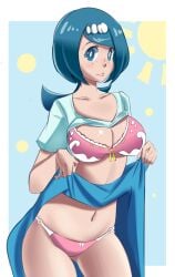 1girls blue_eyes blue_hair breasts dress_lift game_freak lana's_mother_(pokemon) milf nintendo pabs_(pabsmikan) pabsmikan pokemon pokemon_sm solo solo_female